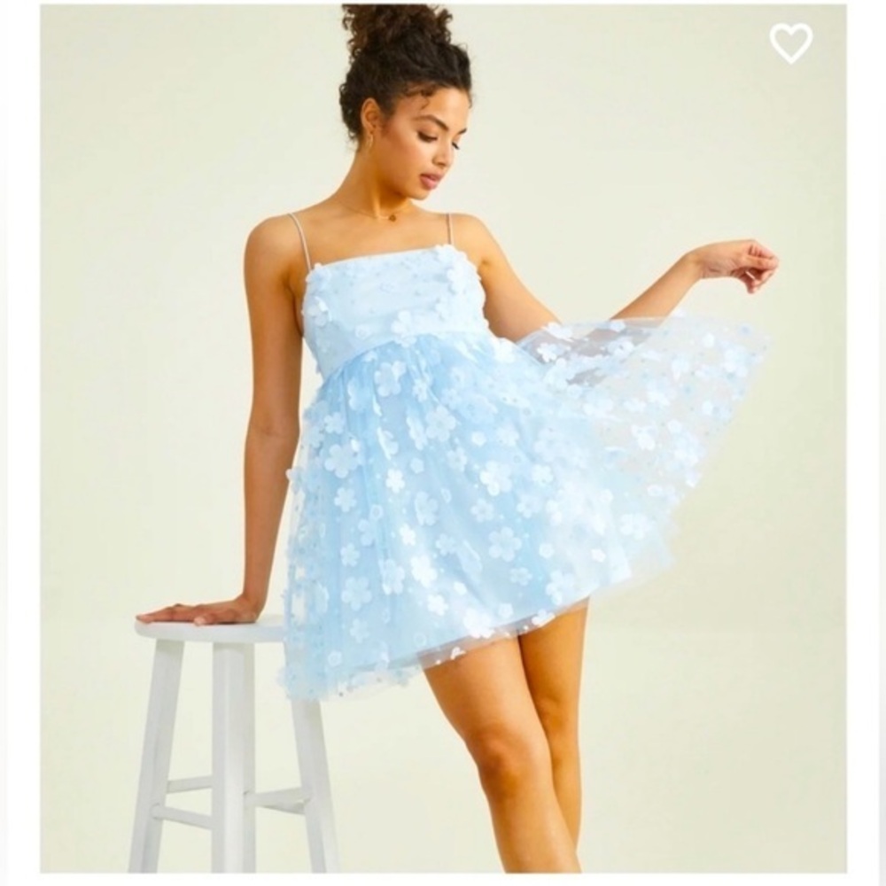 Light Blue Floral Appliqué Spaghetti Strap Dress